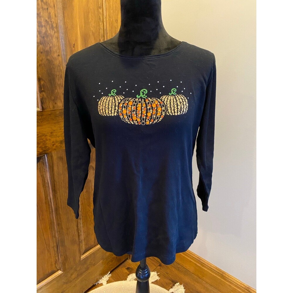 Karen Scott Blouse Halloween Top Sz XL  Glittery Pumpkin Sparkly T-Shirt‎